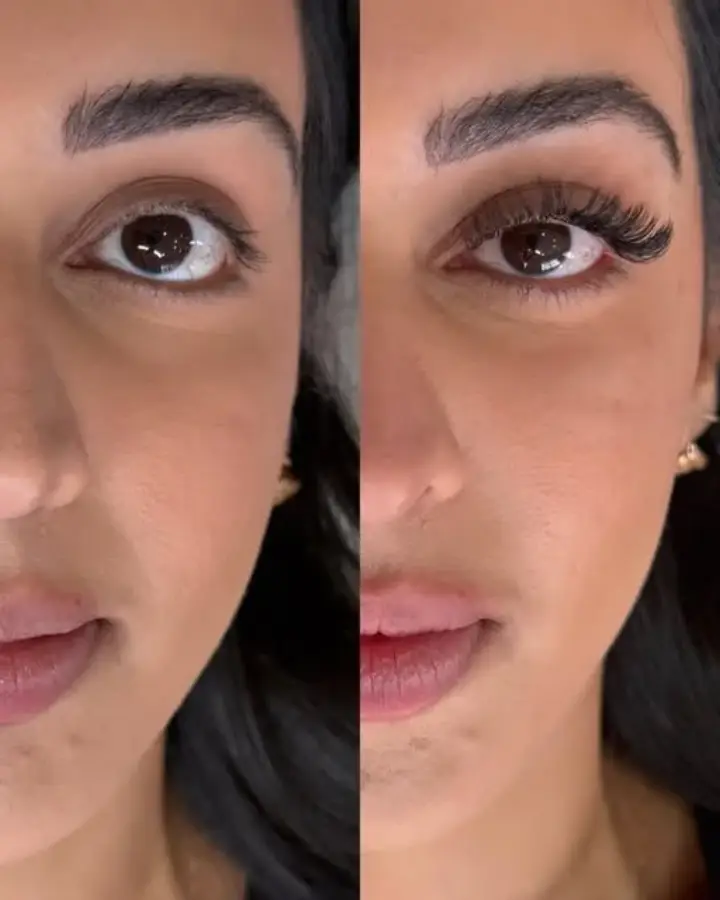 Before-and-after close-up of a Hermosa Haus lash extension result